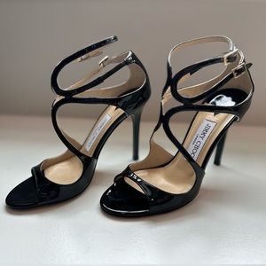 Jimmy Choo Lang 100mm Black Patent Strappy Sandals Size 37